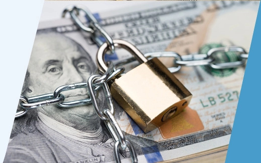 Hand holding cell phone with symbols of digital security