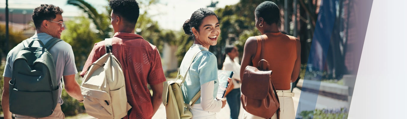 Students with backpacks outside of school